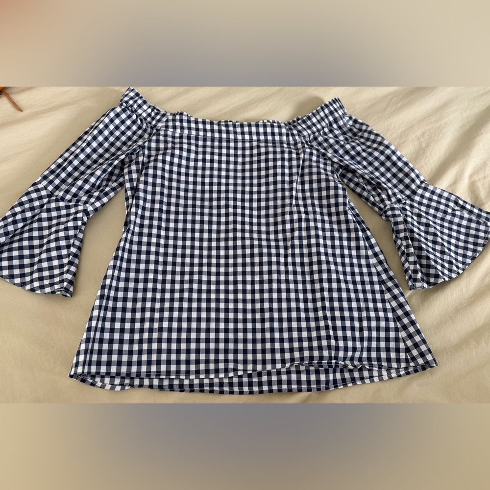 Cupio Navy and White Checkered Off-Shoulder Blouse